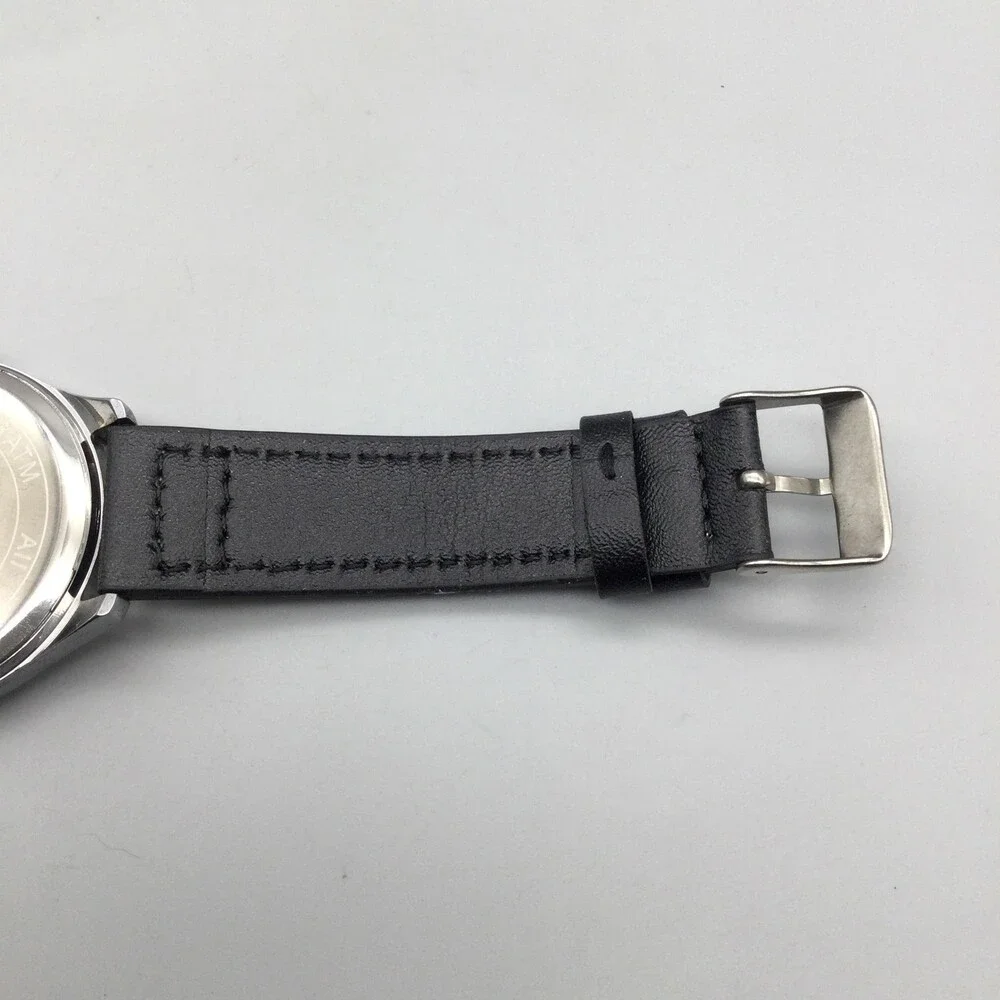 Vince Camuto Mens Watch 42mm Silver Tone Blue Dial Black Faux Leather 3ATM